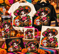 Colorful Catrina sugar skull design with marigolds and autumn accents shown on shirt, tumbler, mug, and tote
