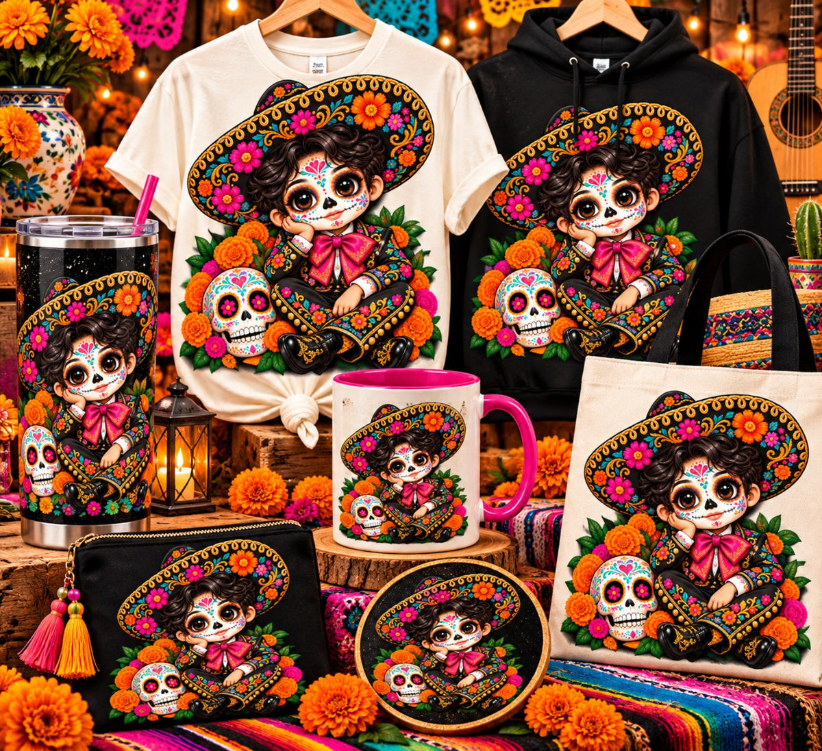 Colorful Catrina sugar skull design with marigolds and autumn accents shown on shirt, tumbler, mug, and tote