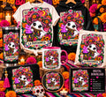 La Fantasmita Día de los Muertos Catrina character shown on shirts, tumbler, mug, tote, and craft items