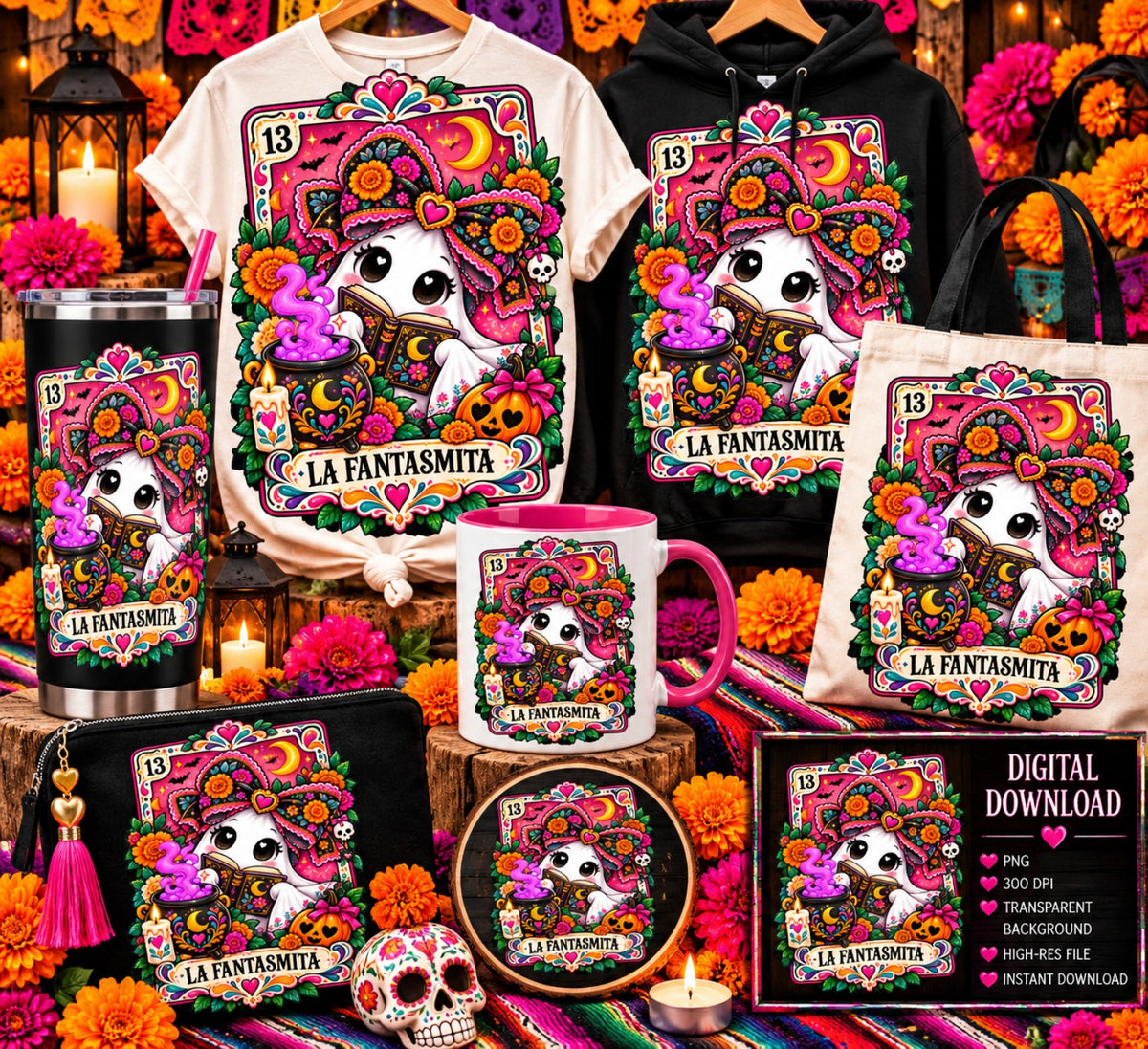 La Fantasmita Día de los Muertos Catrina character shown on shirts, tumbler, mug, tote, and craft items