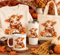 Cute autumn calf wearing a plaid scarf surrounded by fall leaves, shown on sweatshirt, tumbler, mug, and tote