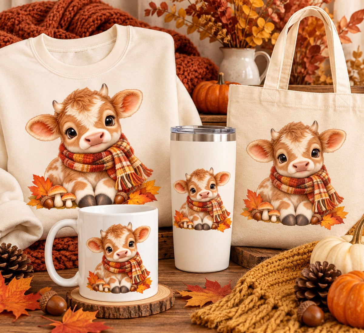 Cute autumn calf wearing a plaid scarf surrounded by fall leaves, shown on sweatshirt, tumbler, mug, and tote