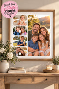 Editable Canva family photo collage template displayed in a framed living room mockup