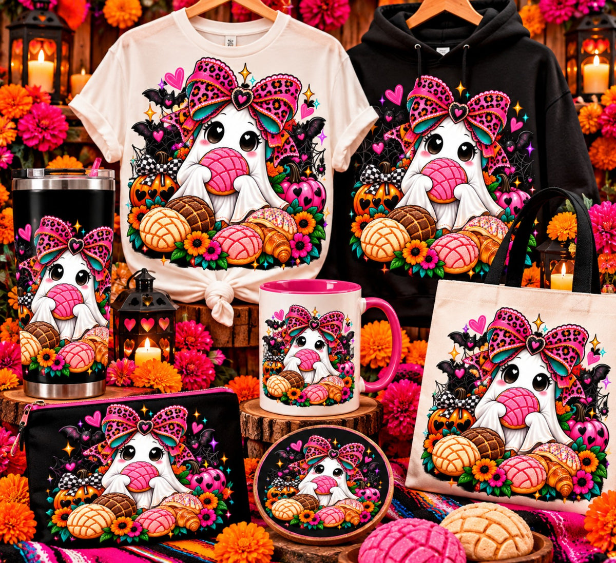Kawaii ghost holding pink pan dulce with leopard bow shown on shirts, tumbler, mug, tote, and accessories