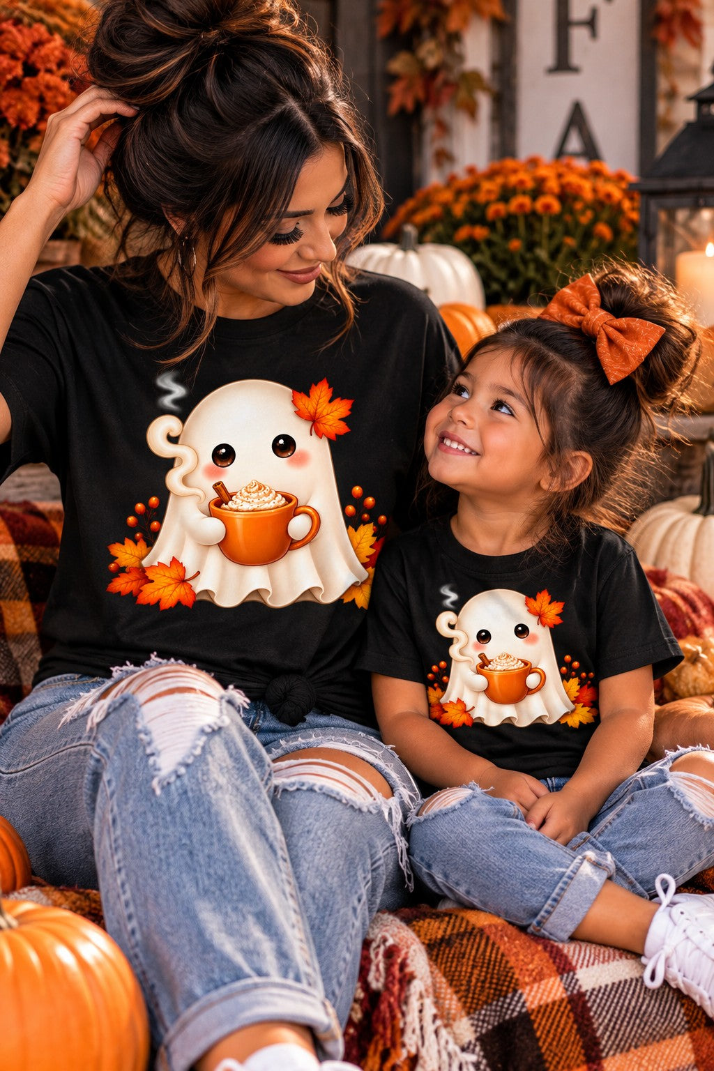 Mother and daughter wearing matching cozy ghost with pumpkin and mug Halloween shirts