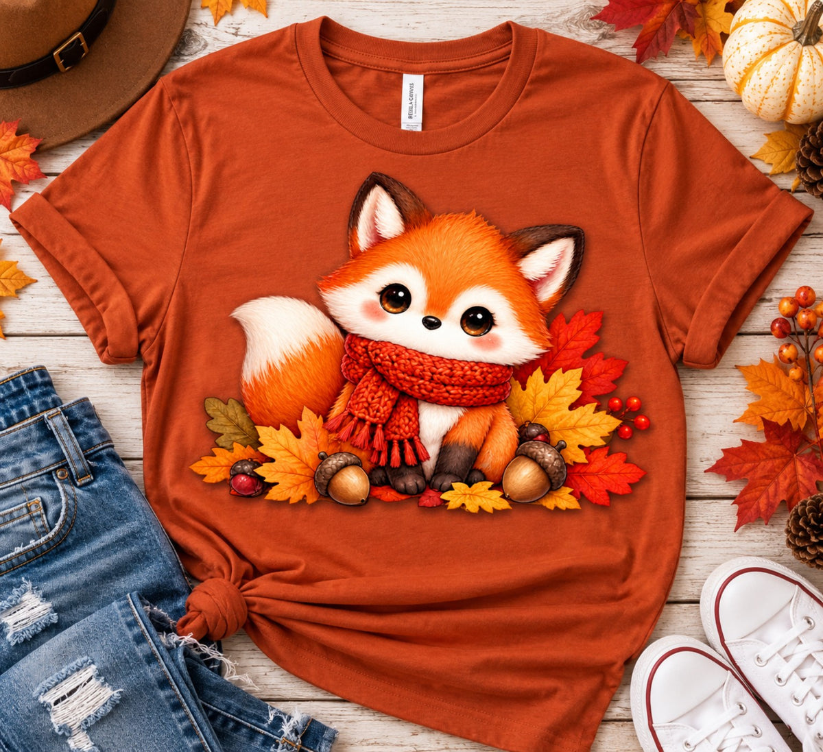 Cute autumn fox wearing a knit scarf among pumpkins and fall leaves on a rust shirt