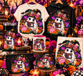 Witchy ghost reading a spell book among pumpkins, marigolds, and Halloween decorations on shirts and crafts