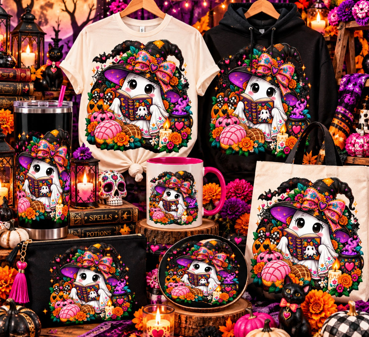 Witchy ghost reading a spell book among pumpkins, marigolds, and Halloween decorations on shirts and crafts