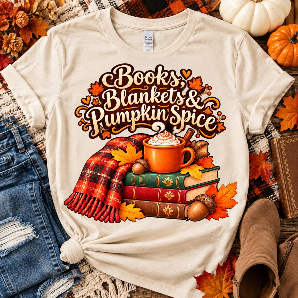 Books Blankets and Pumpkin Spice fall book lover design on a cream shirt