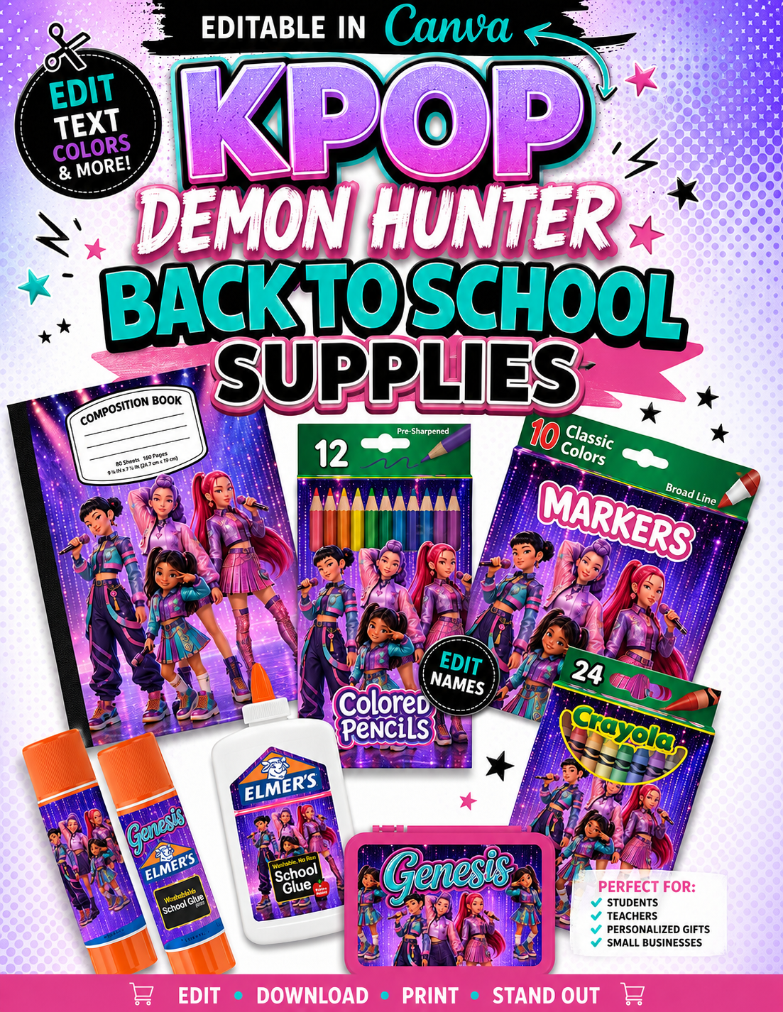 Editable Kpop Demon Hunter Back to School Bundle | Canva School Supply Templates | Personalized Composition Book, Crayons, Markers, Colored Pencils & Glue Labels