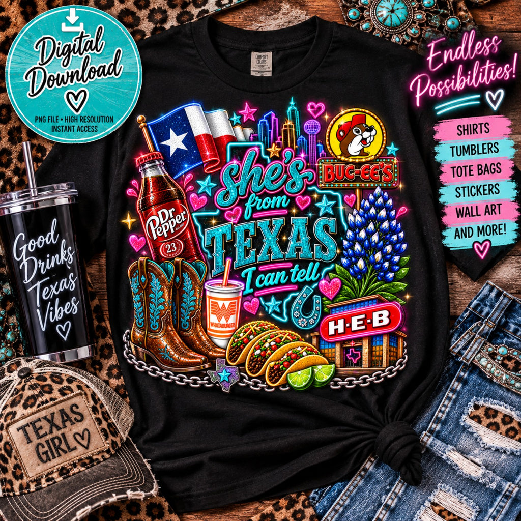 Texas girl collage digital PNG design with boots tacos flowers and state pride elements