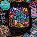 Texas girl collage digital PNG design with boots tacos flowers and state pride elements