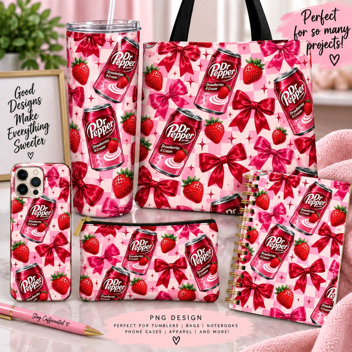 Strawberry soda cans and bows all-over PNG design
