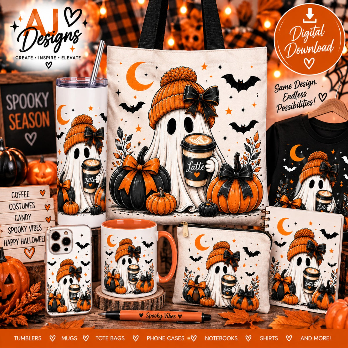 Cozy coffee ghost Halloween digital PNG design with orange pumpkins