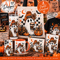 Spooky pumpkin spice ghost Halloween digital PNG design with leopard bow