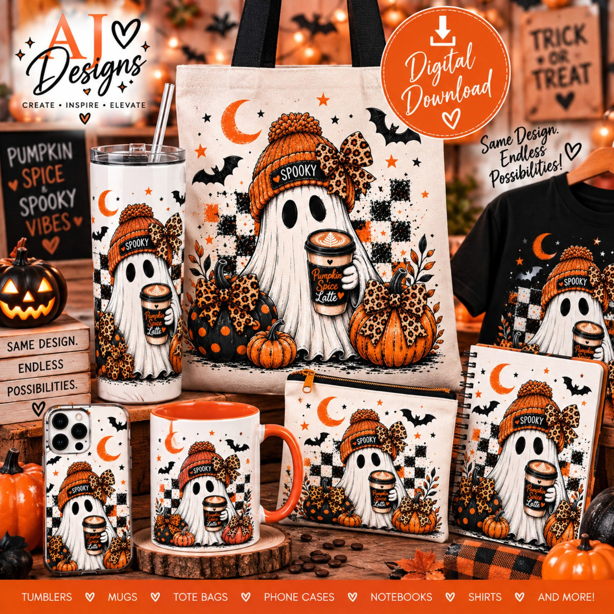 Spooky pumpkin spice ghost Halloween digital PNG design with leopard bow