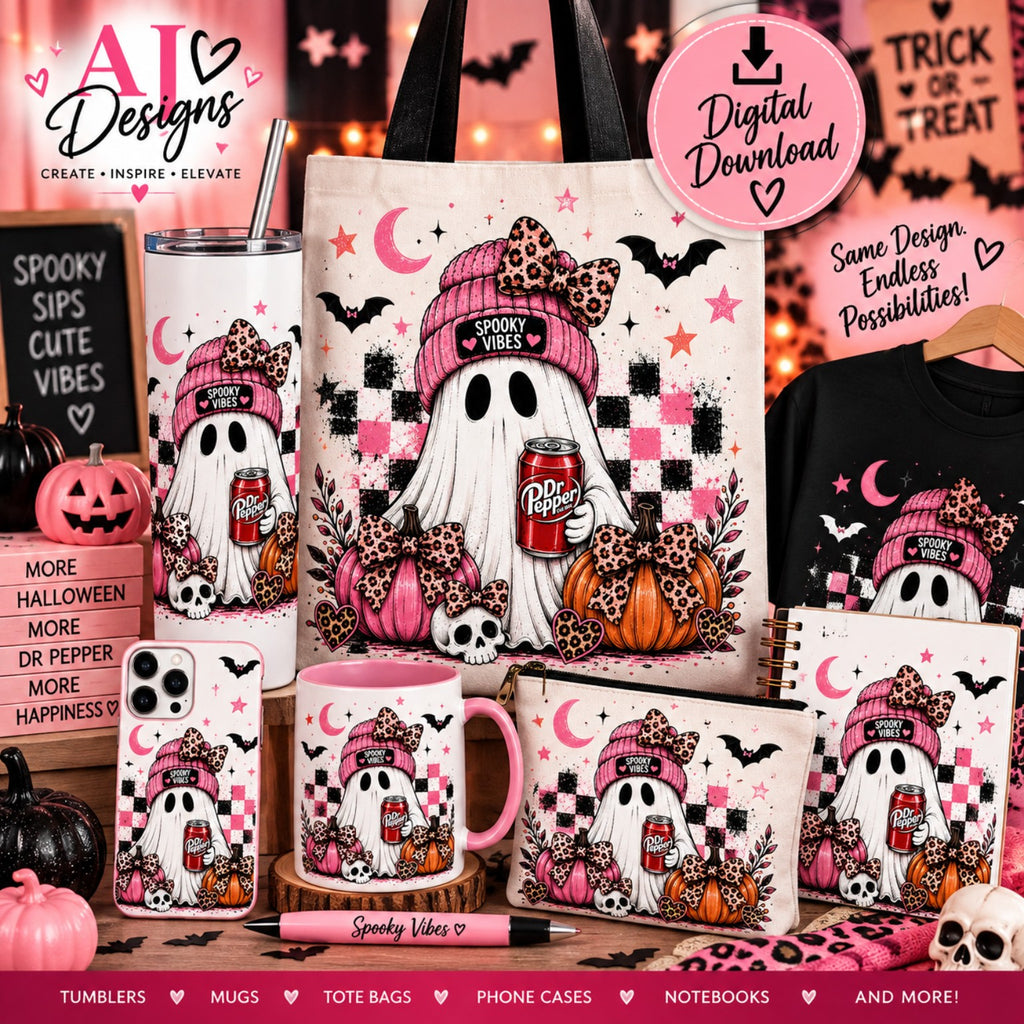 Pink spooky vibes ghost Halloween digital PNG design with pumpkins and leopard accents