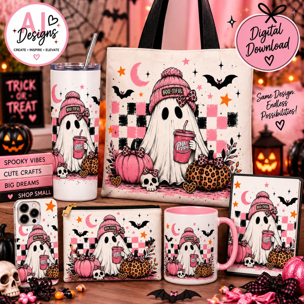 Boo-tiful pink ghost Halloween digital PNG design with pumpkins and leopard accents