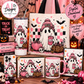 Boo-tiful pink ghost Halloween digital PNG design with pumpkins and leopard accents