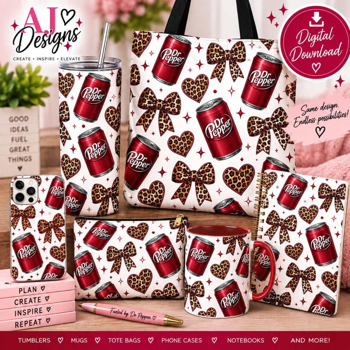 Leopard bows and soda cans all-over PNG design