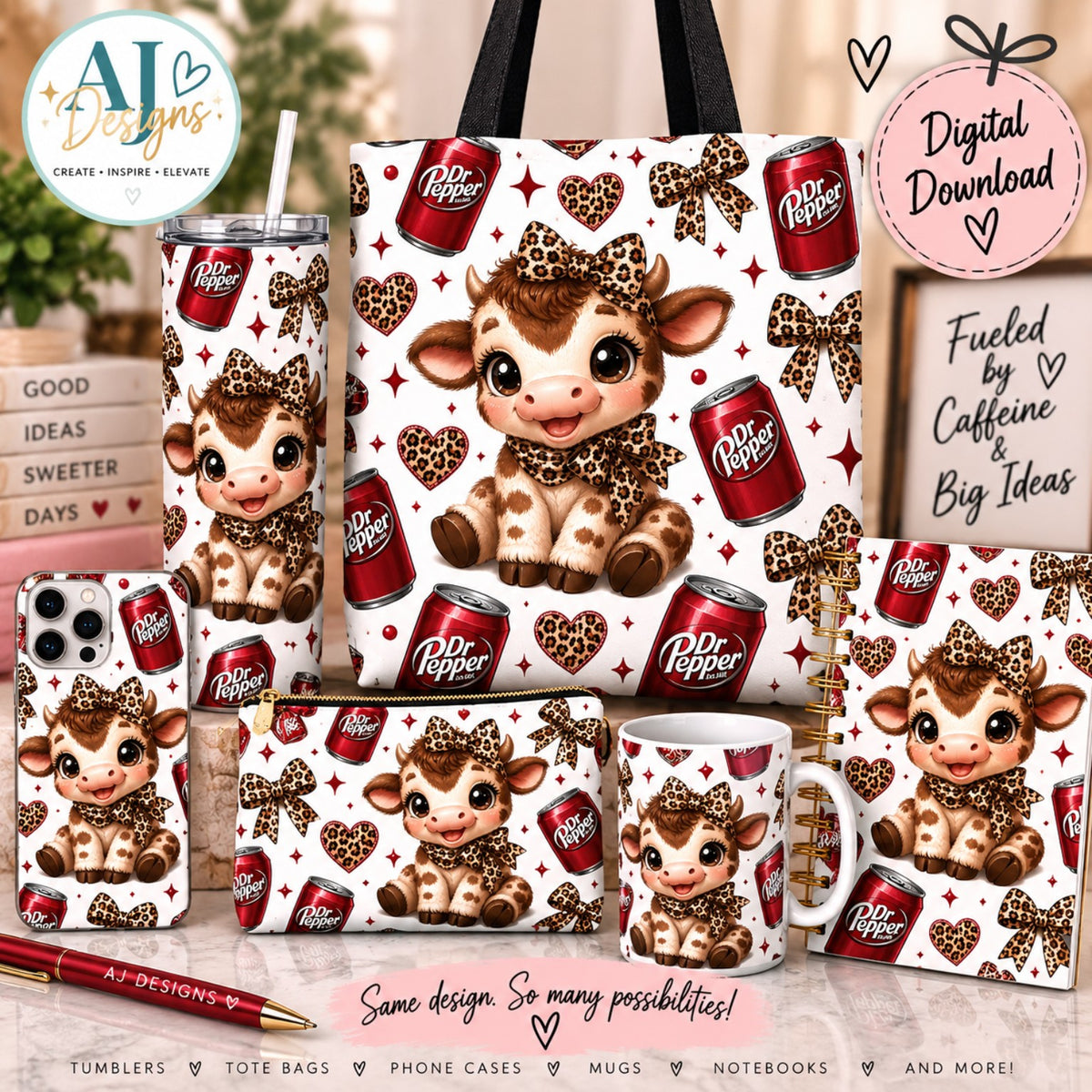 Cute cow leopard bows and soda cans all-over PNG design