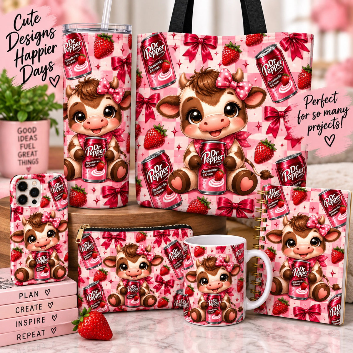 Strawberry cow and bows all-over PNG design