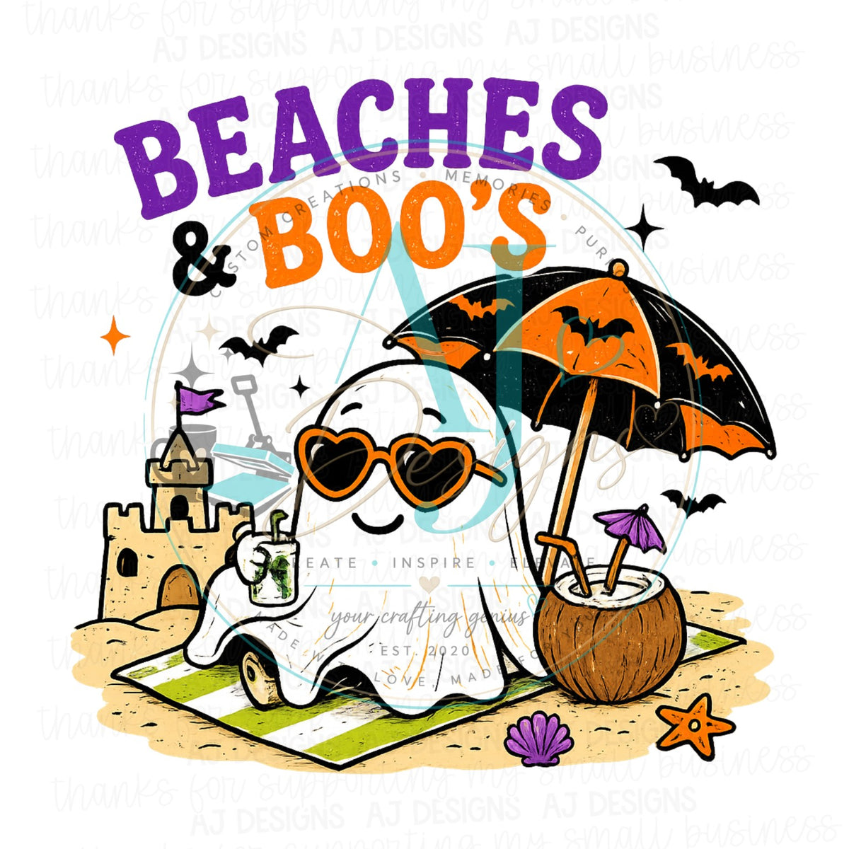 Beaches and Boos cute ghost beach Halloween PNG