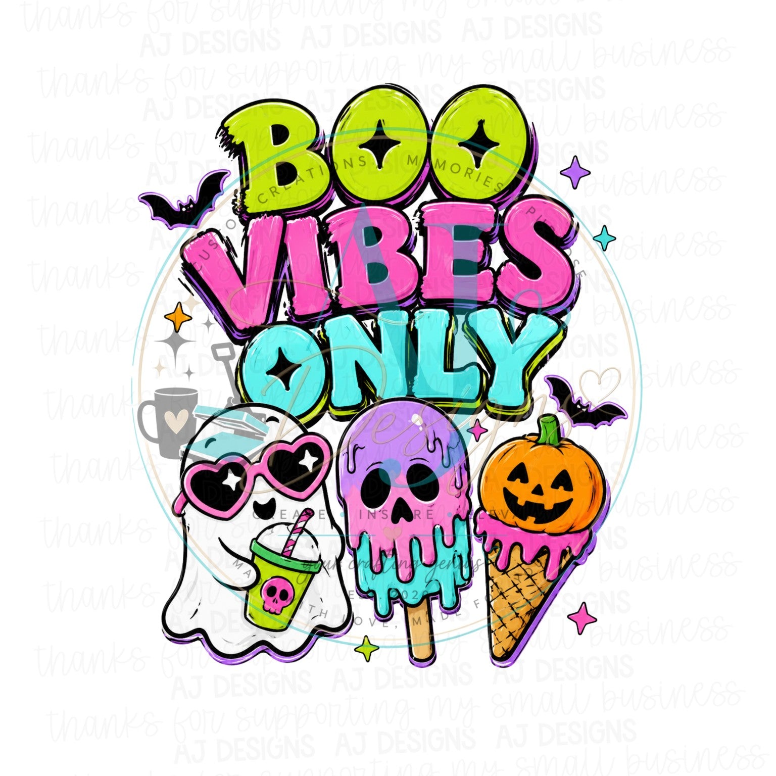 Boo Vibes Only colorful ghost ice cream Summerween PNG