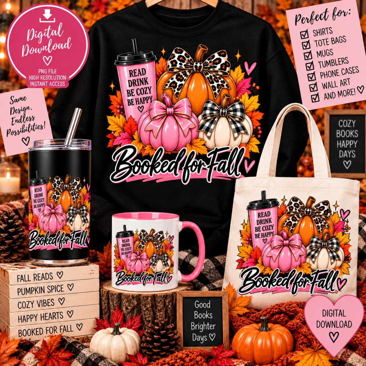 Booked for Fall pink pumpkins and reading tumbler PNG design