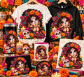 Cute Catrina girl with sugar skull makeup and marigolds on shirt and hoodie mockups