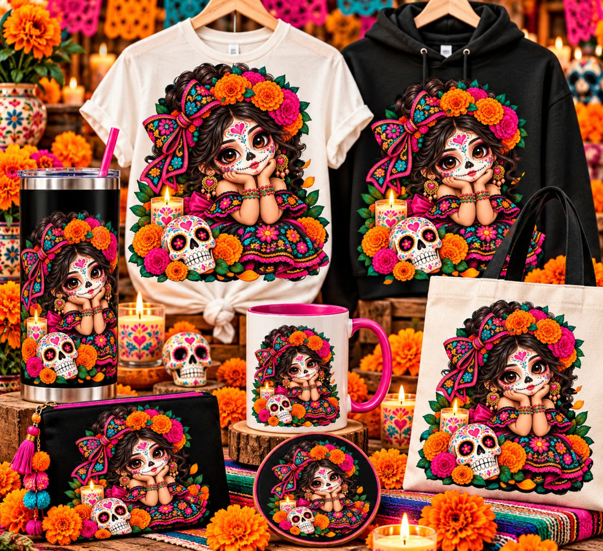 Cute Catrina girl with sugar skull makeup and marigolds on shirt and hoodie mockups