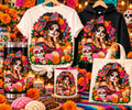 Catrina woman with marigold crown and sugar skull on shirt, hoodie, tumbler, mug, and tote mockups