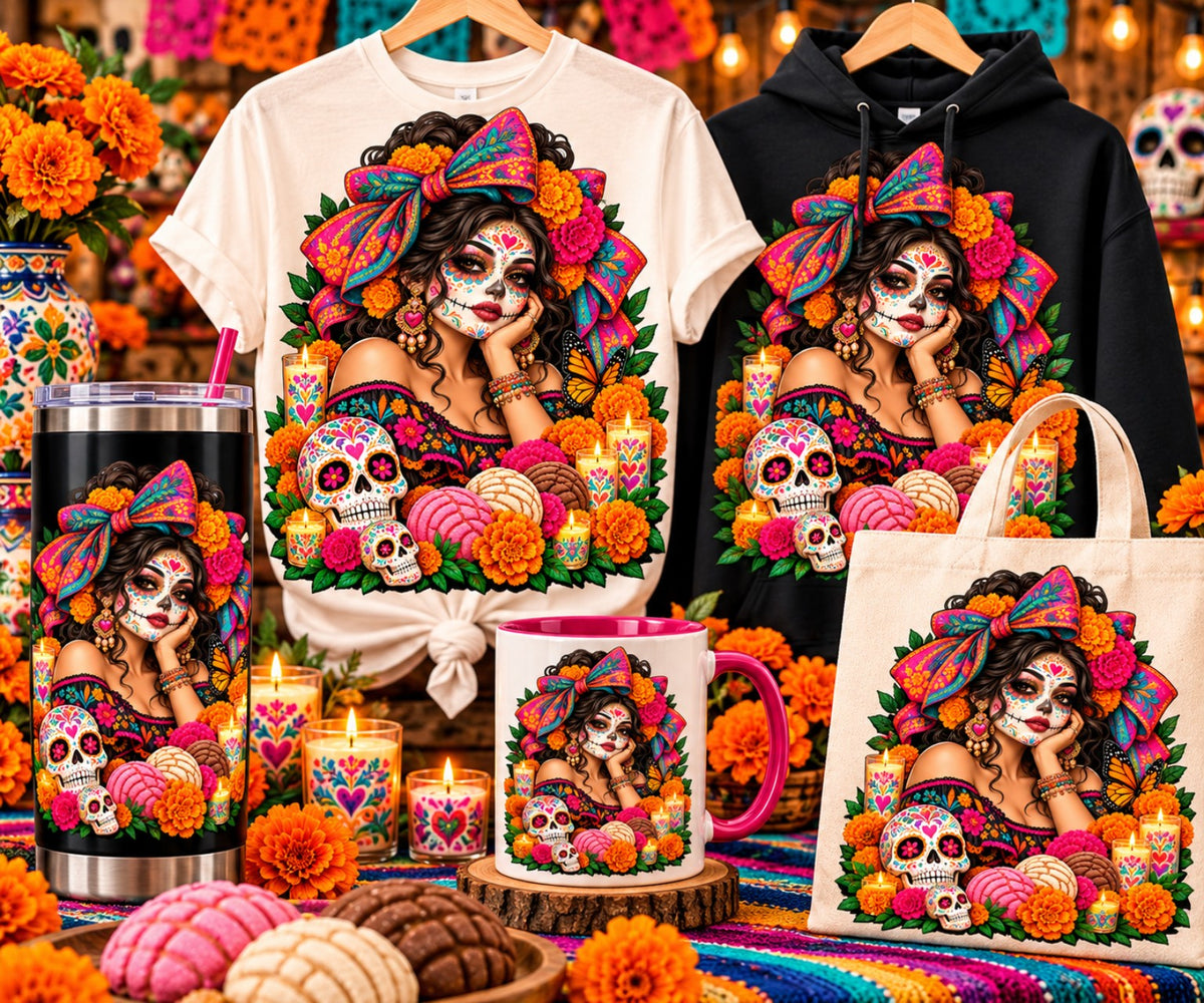 Catrina woman with marigold crown and sugar skull on shirt, hoodie, tumbler, mug, and tote mockups