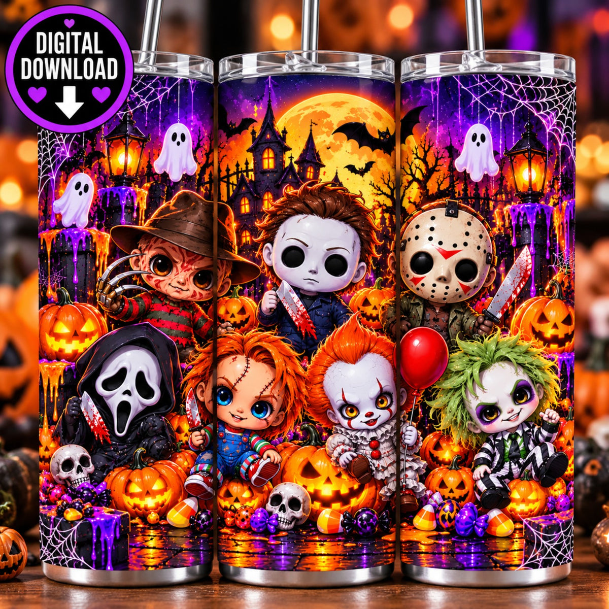 Chibi Horror Movie Characters Halloween Tumbler Wrap | Spooky PNG