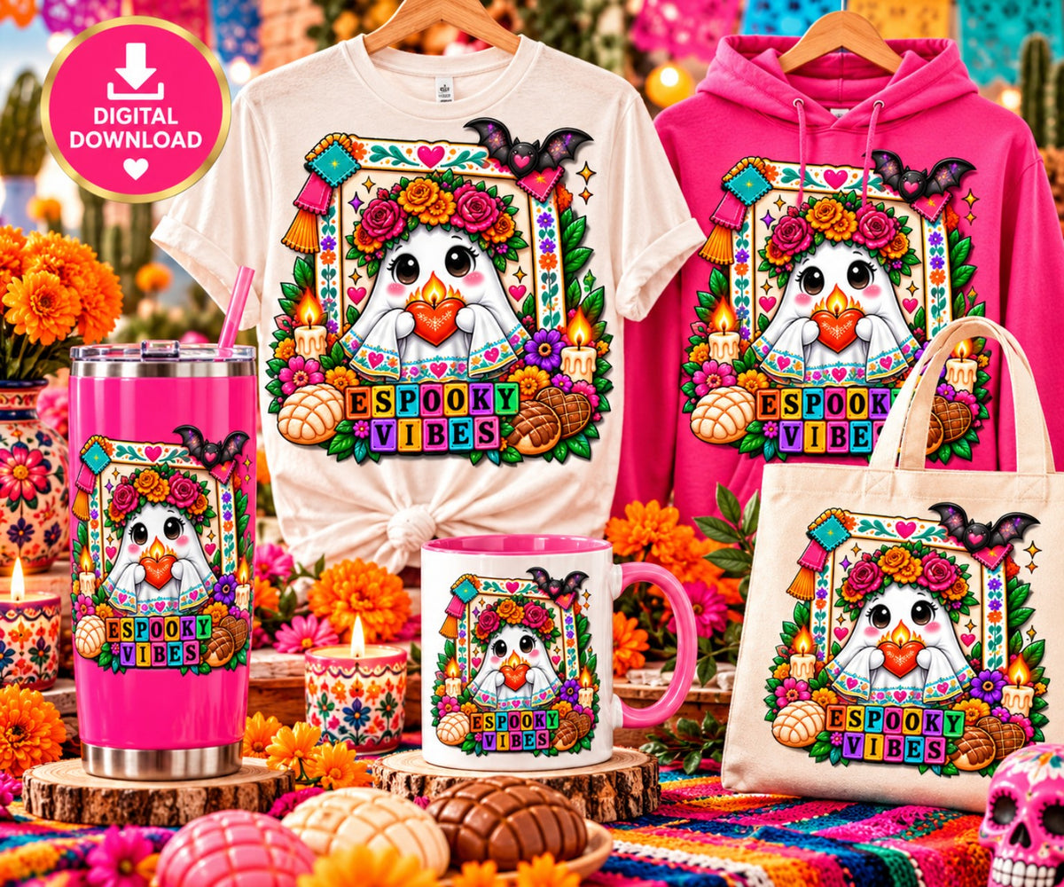 Colorful ghost quartet Día de los Muertos PNG on shirts tumbler mug and tote bag