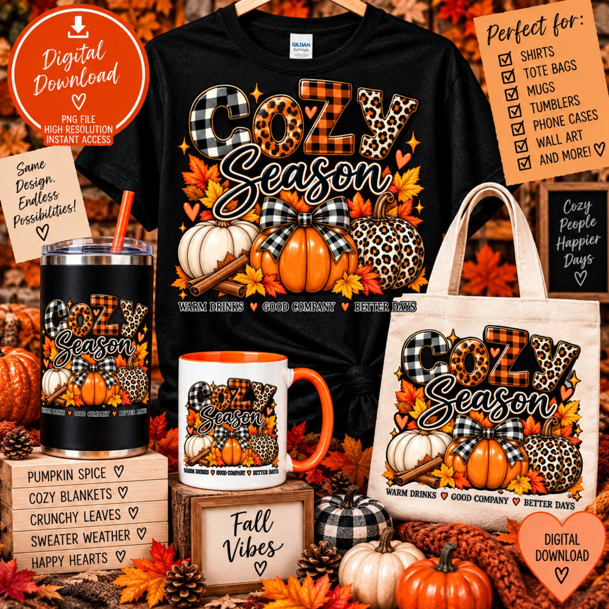 Cozy Season plaid leopard pumpkin fall PNG design