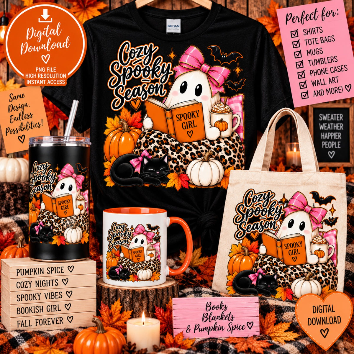 Cozy Spooky Season ghost book lover PNG design