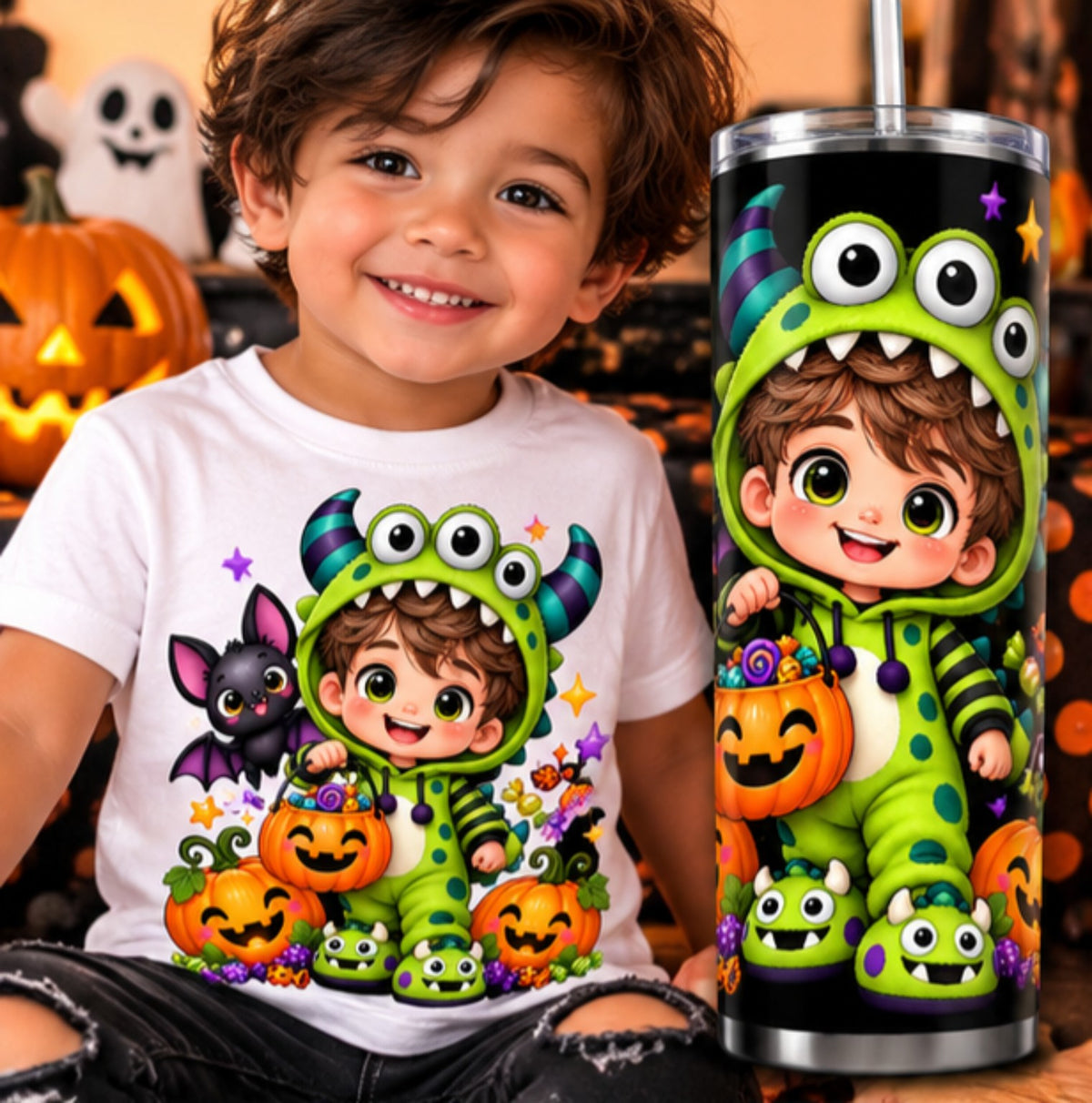 Cute boy monster trick or treat Halloween digital PNG design