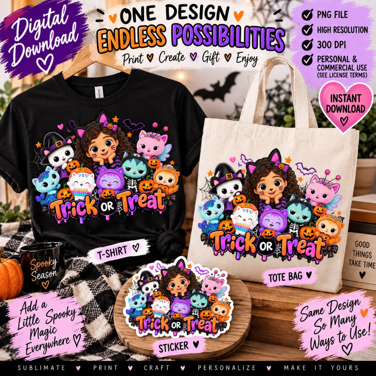 Cute cat friends Trick or Treat Halloween PNG for shirts tote bags and stickers