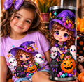 Cute girl witch ghost cat pumpkin Halloween digital PNG design