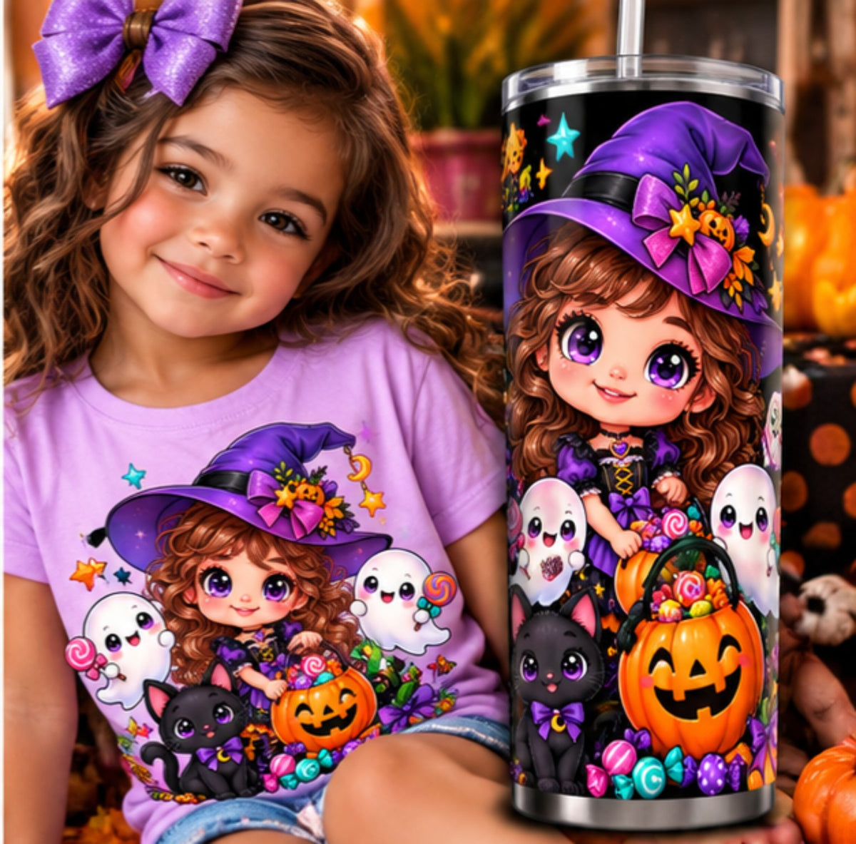 Cute girl witch ghost cat pumpkin Halloween digital PNG design