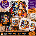 Cute Halloween dog family PNG in vampire witch skeleton and pumpkin costumes