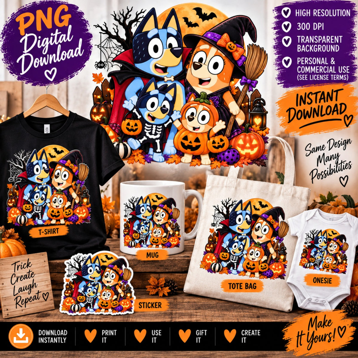 Cute Halloween dog family PNG in vampire witch skeleton and pumpkin costumes