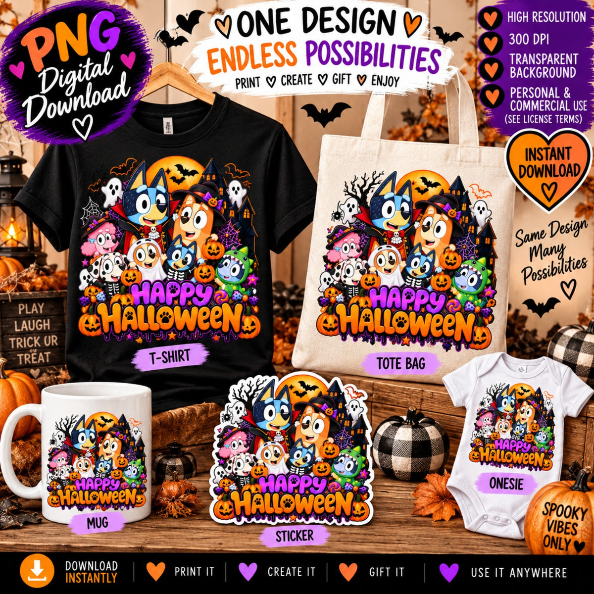 Cute Happy Halloween dog friends PNG with costumes pumpkins ghosts and haunted houses