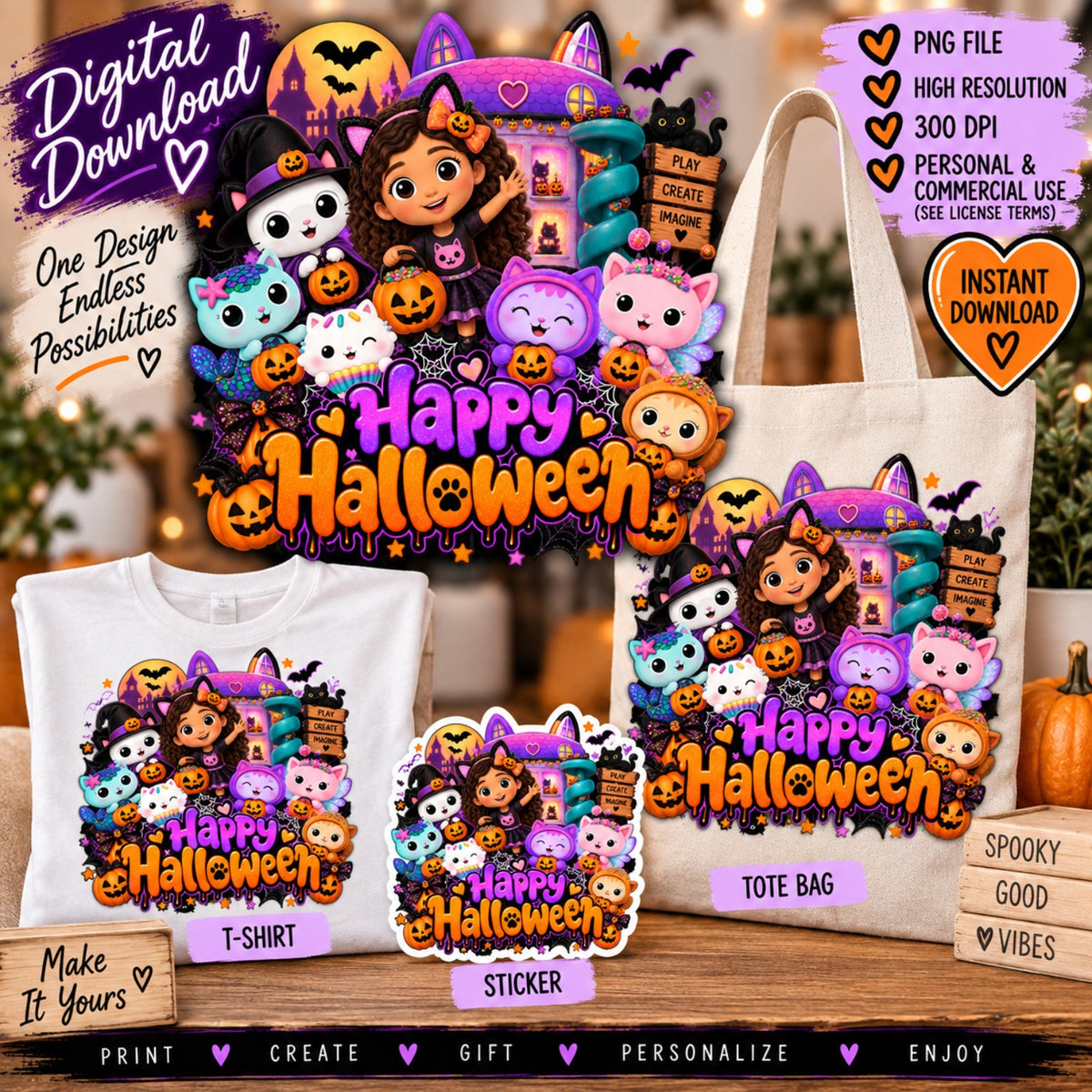 Cute Happy Halloween PNG with girl and cat friends for shirts tote bags and stickers