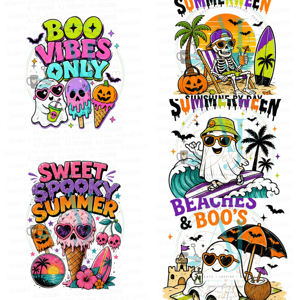 Five cute colorful Summerween beach Halloween PNG designs