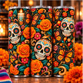Dia de los Muertos sugar skull monarch butterfly floral tumbler design