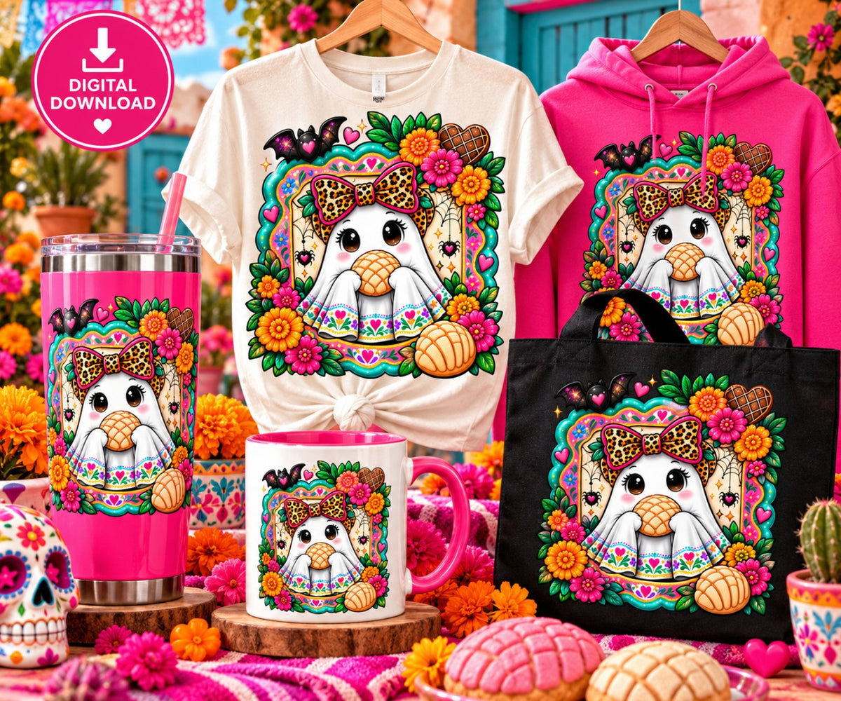 Floral Día de los Muertos ghost PNG on shirts tumbler mug and tote bag