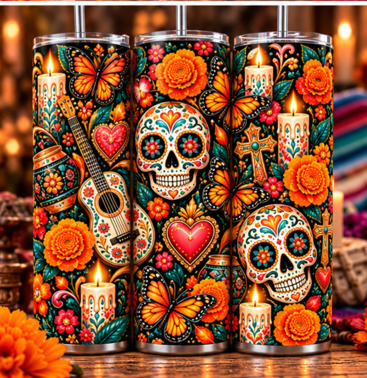 Dia de los Muertos sugar skull butterfly guitar tumbler design