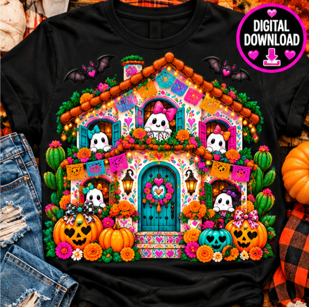 Día de los Muertos Haunted Casa PNG | Cute Ghosts Marigold House
